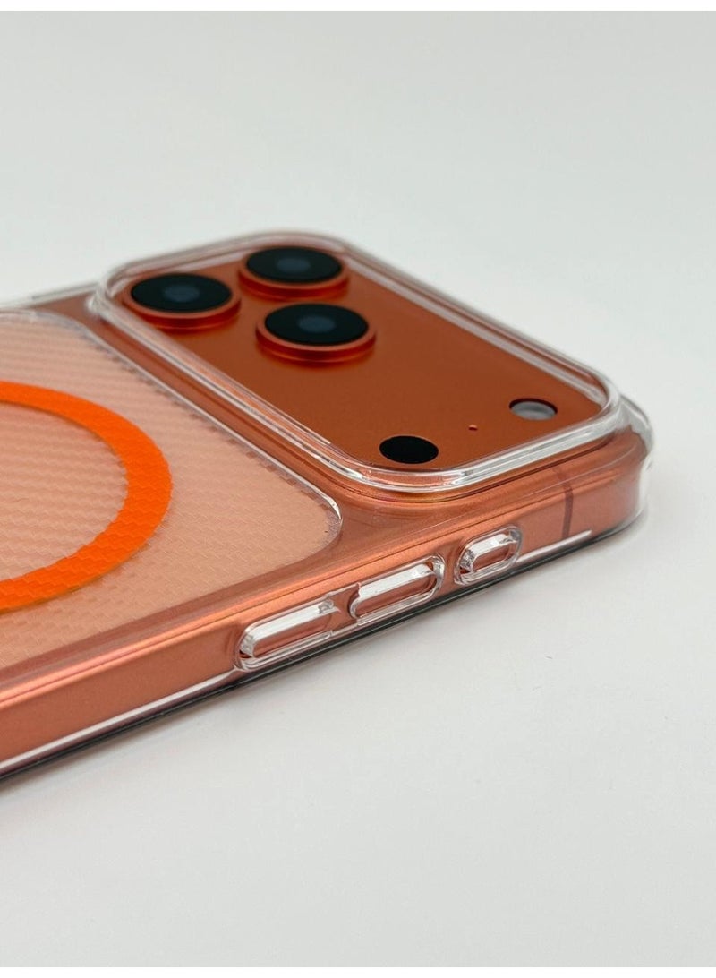 general Premium MagSafe Compatible Carbon Fiber Texture Case for iPhone 17 Pro Max – Ultra-Slim Shockproof Back Cover with Integrated Camera Protector & Metallic Accents – [Orange] - Image 3